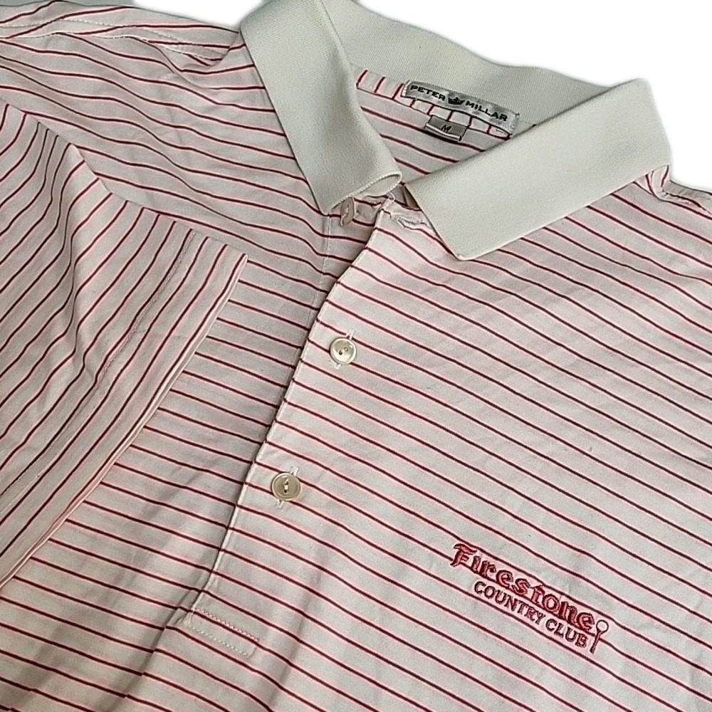 Peter Millar Polo Shirt Men's Medium Pink White Stripes Firestone Country Club